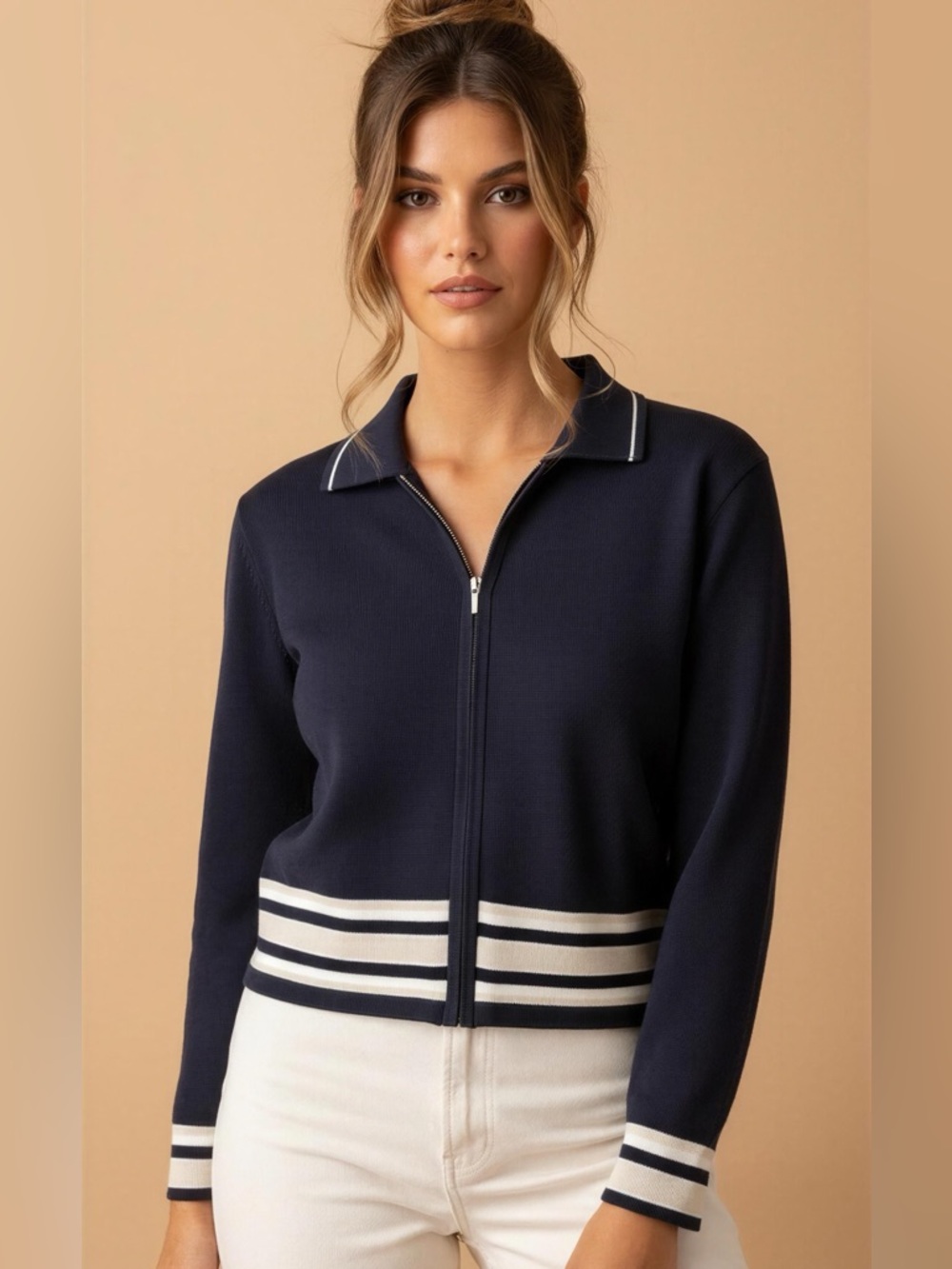 villager Navy Zip-Front Cardigan with White Stripes